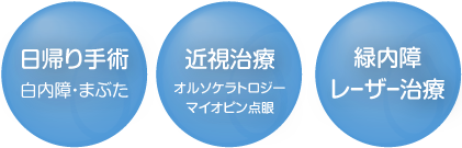 日帰り手術 白内障・まぶた 近視治療 オルソケラトロジー マイオピン点眼 緑内障 レーザー治療